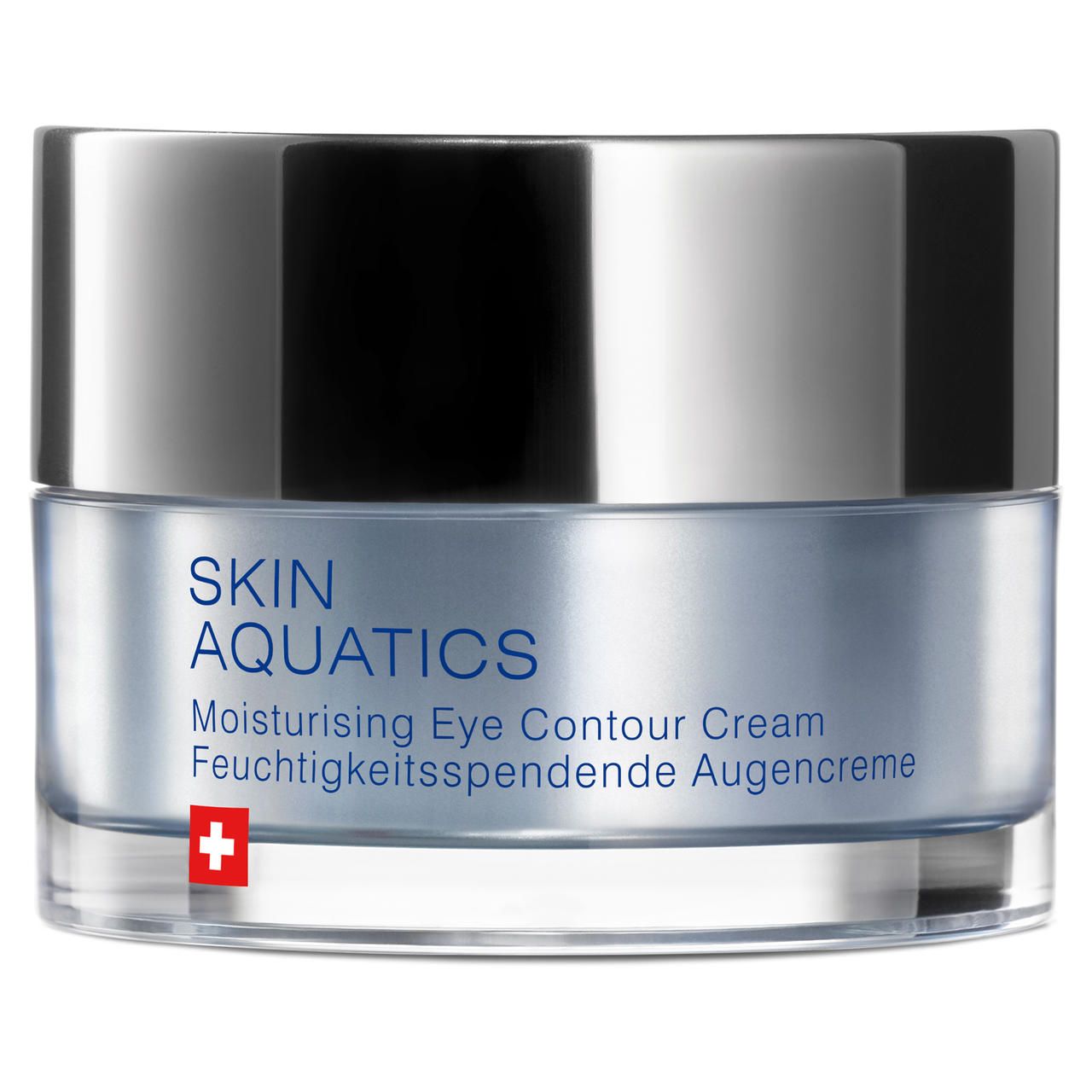 Cremebehälter mit silbernem Deckel. Aufschrift SKIN AQUATICS, Moisturising Eye Contour Cream, Schweizer Kreuz.