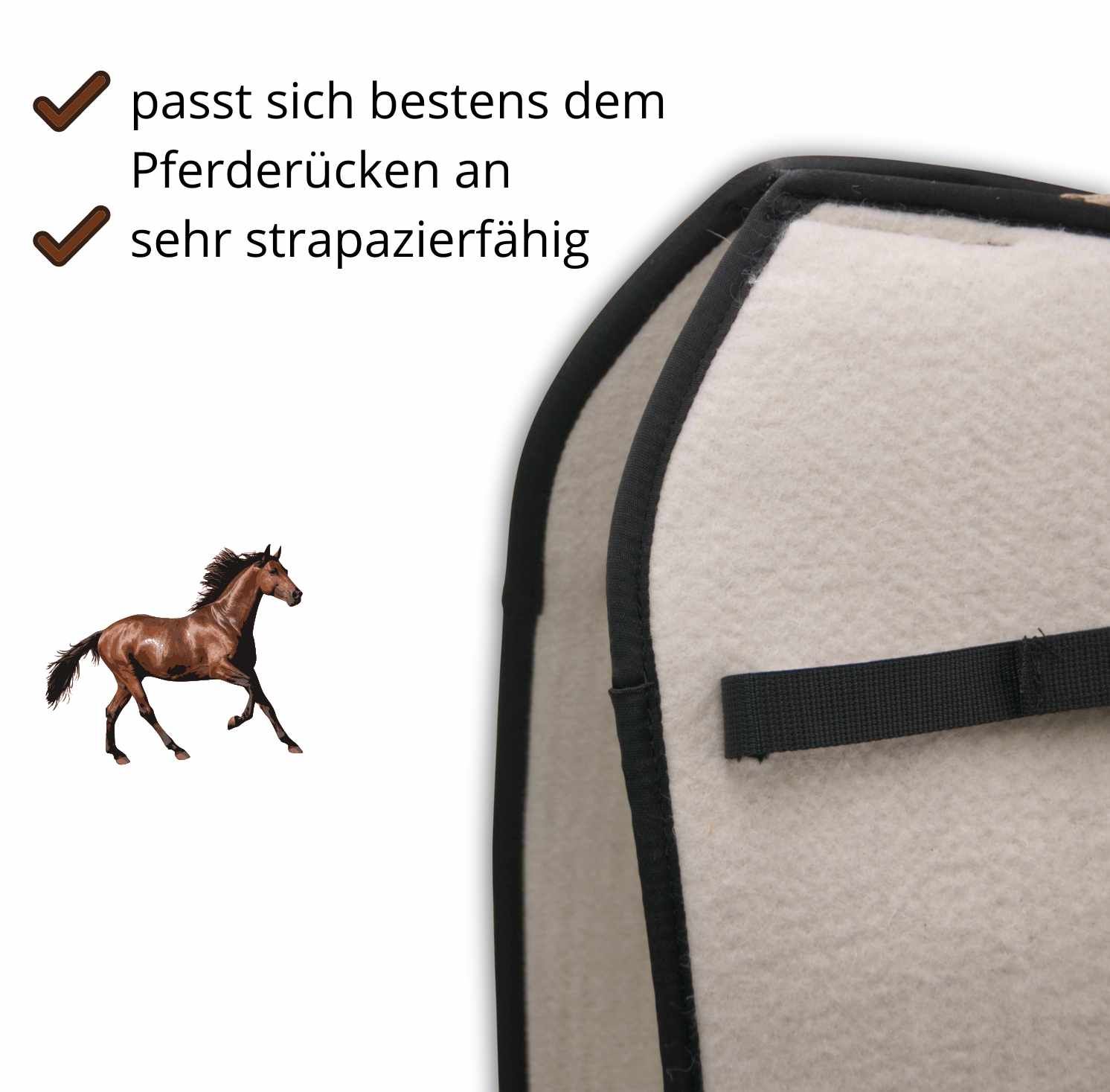 Detail des Reitpads mit schwarzem Rand und Schlaufen. Text: 'passt sich bestens dem Pferderücken an' und 'sehr strapazierfähig'.