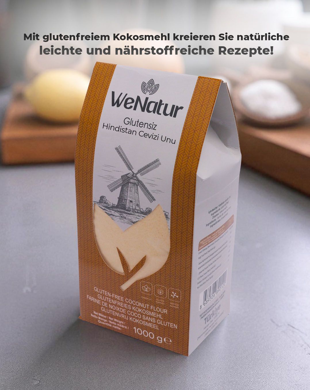 Packung glutenfreies Kokosmehl mit einem grünen Siegel "Glutenfrei" und Kokosstücken.