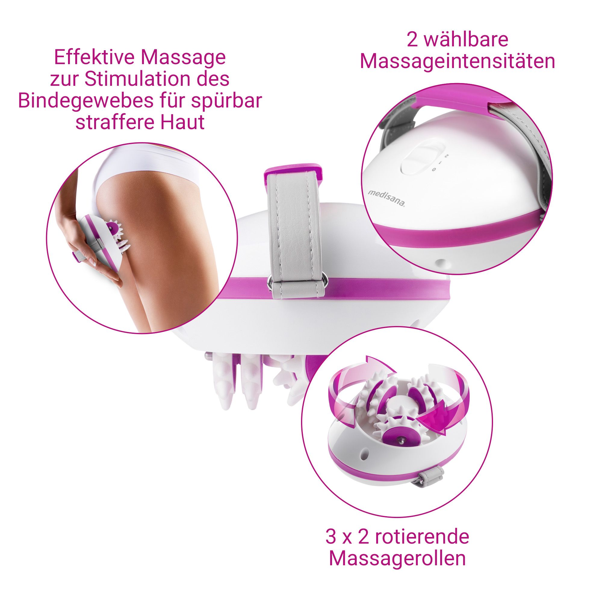Medisana AC 850: 3x2 rotierende Massage-Rollen, 2 Intensitäten, effektive Bindegewebsmassage.