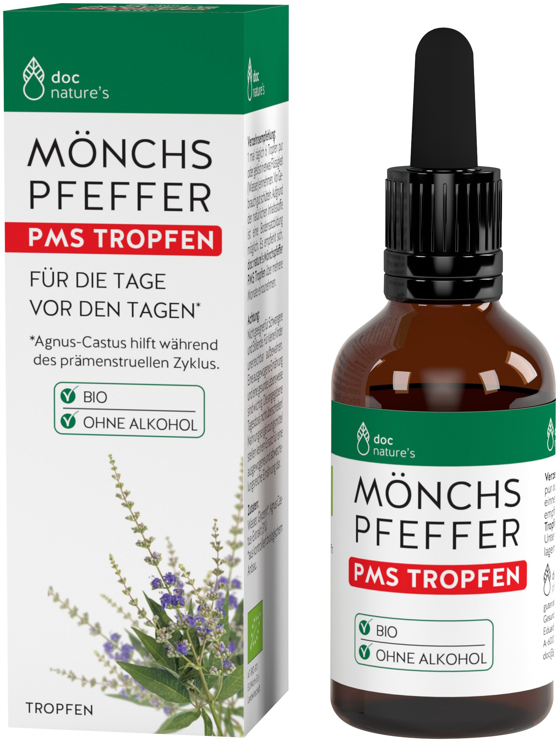 Braune Glasflasche und Karton mit Produktaufschrift. Aufschrift: Mönchspfeffer PMS Tropfen. Mit Bio-Siegel und ohne Alkohol.