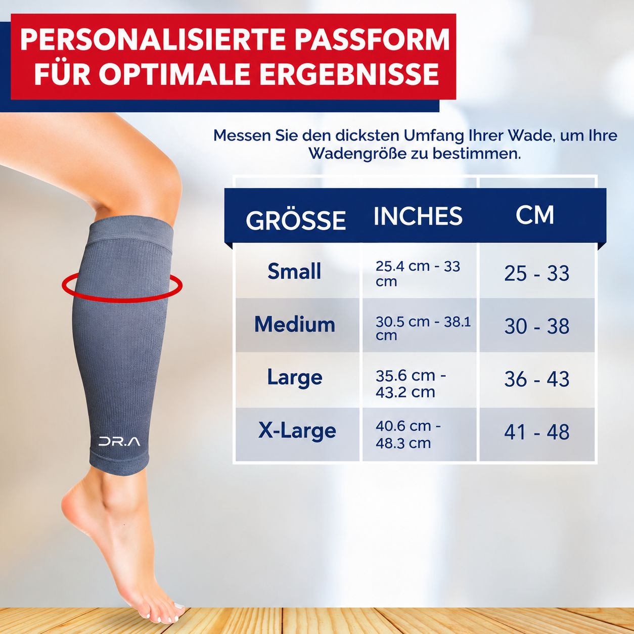 Größentabelle für Kompressionsstrümpfe: Small, Medium, Large, X-Large.
