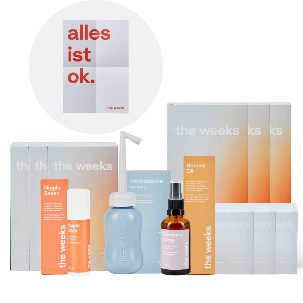 Box mit Produkten von the weeks. Enthält Flaschen, Sprays, eine Intimdusche und eine Broschüre mit der Aufschrift "alles ist ok."