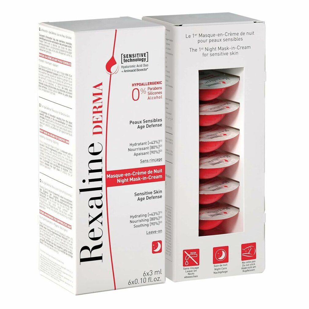Zwei Kartons mit Rexaline Derma. Eine Schachtel mit 6 Masken in roten Behältern. Aufschrift: Night Mask-in-Cream für empfindliche Haut.