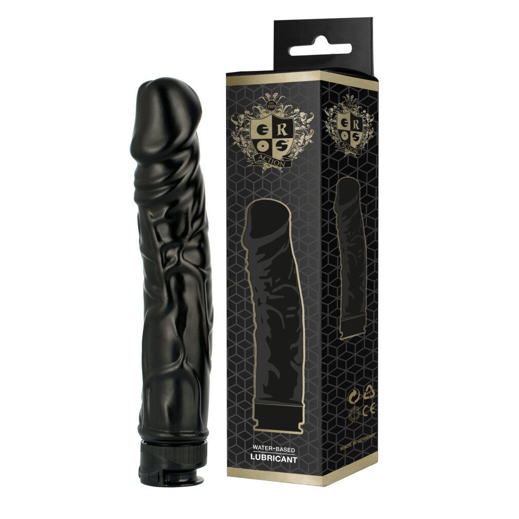 Schwarzer Dildo neben Verpackung von Eros Gleitmittel. Schwarze Schachtel mit Produktabbildung und Logo.