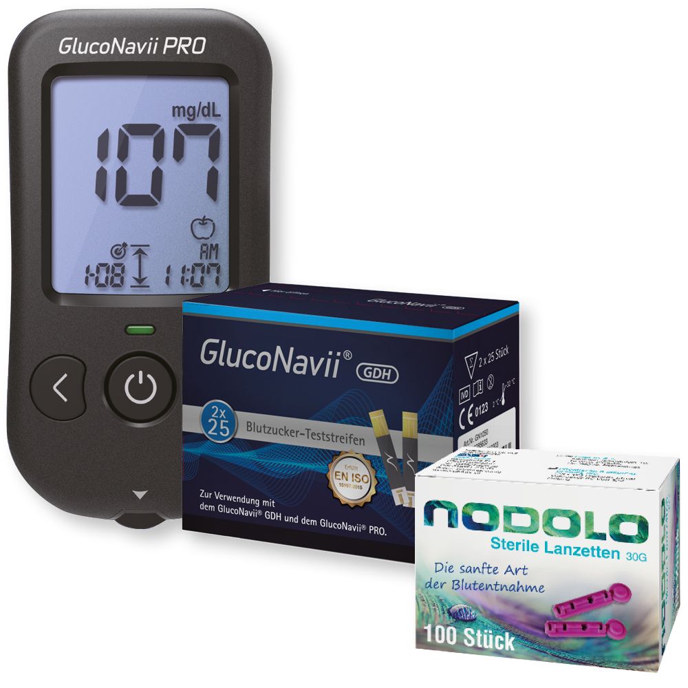 Blutzuckermessgerät mit Display, Teststreifen und Lanzetten. Das Display zeigt 107 mg/dL an. Auf den Verpackungen sind Produktnamen und Logos zu sehen.