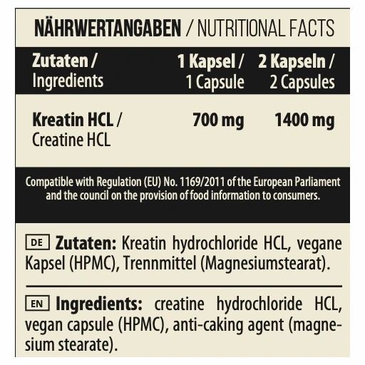 Nährwertangaben: Kreatin HCL, 700mg/1400mg. Zutaten: Kreatin HCL, vegane Kapsel, Trennmittel. Kompatibel mit EU-Verordnung.