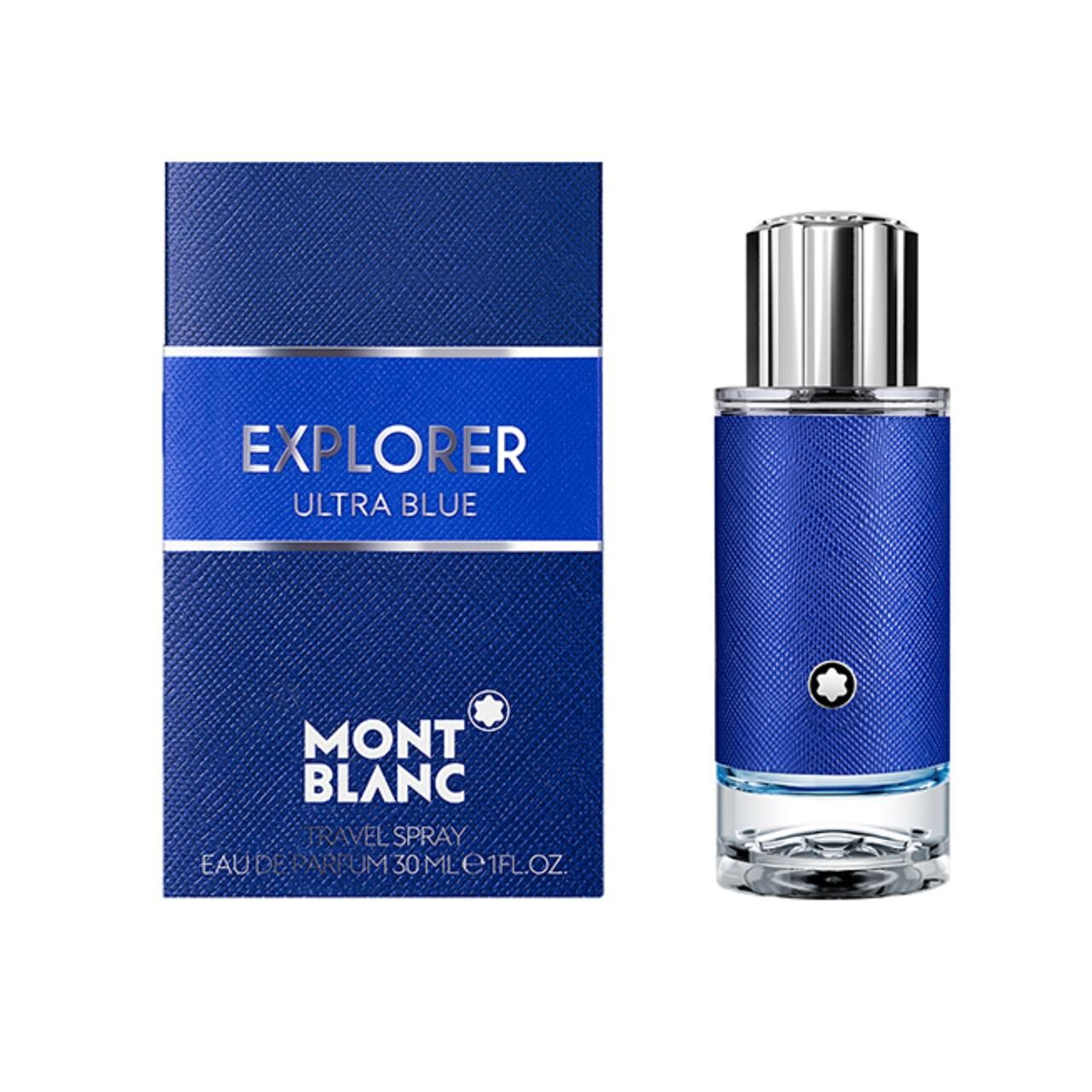 Blauer Karton und Flakon. Aufschrift EXPLORER ULTRA BLUE. Montblanc-Logo. Eau de Parfum. 30ml.