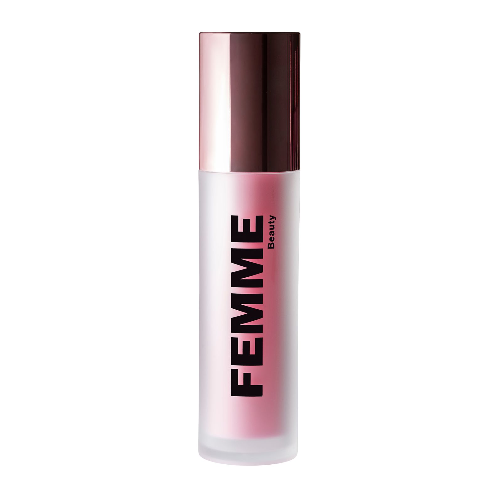 Flasche mit mattem Finish und rosafarbenem Inhalt, roségoldfarbener Verschluss. Marke: FEMME Beauty.
