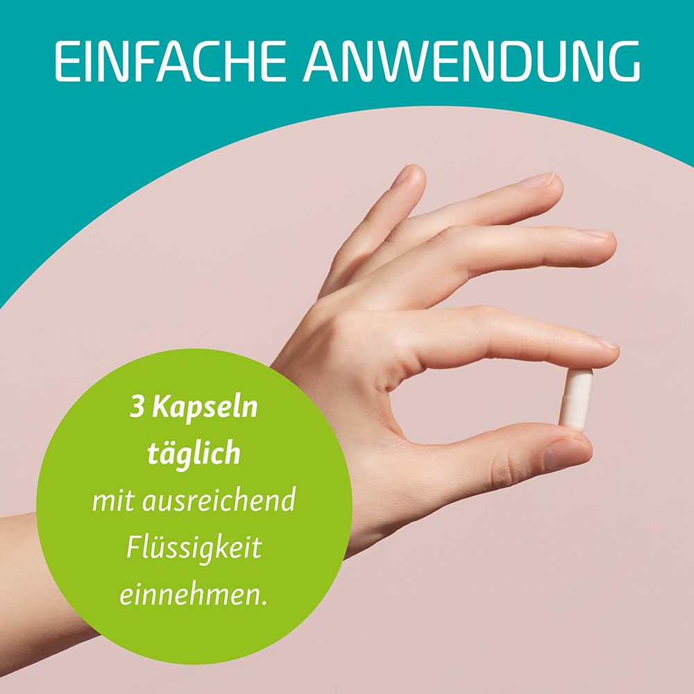Hand hält eine einzelne Kapsel. Text: 3 Kapseln täglich mit Flüssigkeit einnehmen.