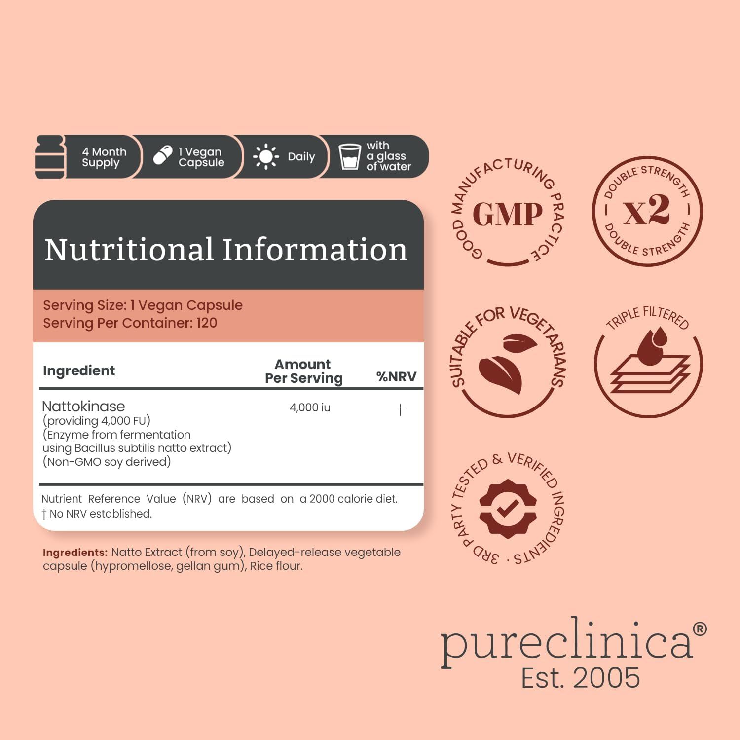 Nährwerttabelle mit Informationen zu Nattokinase-Kapseln. Enthält Angaben zu Inhaltsstoffen, Nährwertangaben und Zertifizierungen wie GMP.