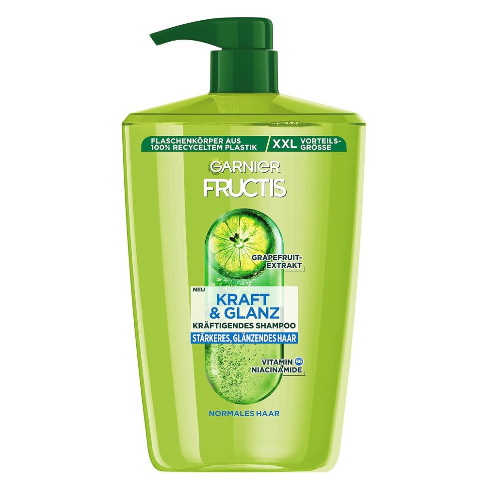 Grüne Shampoo-Flasche mit Pumpe. Aufschrift: Garnier Fructis, Kraft & Glanz, Grapefruit-Extrakt. XXL-Vorteilsgröße.