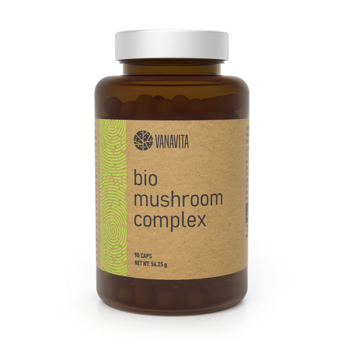Braune Kapsel mit Vanavita Bio Mushroom Complex Etikett und weißem Deckel.