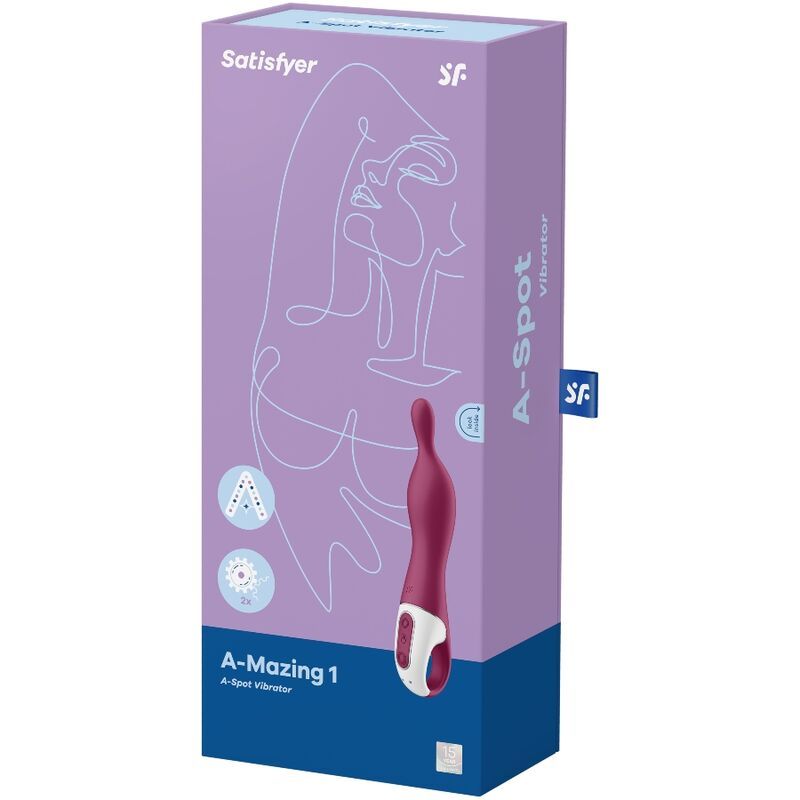 Verpackung mit Vibrator. Aufschrift: Satisfyer, A-Spot Vibrator. Lila Box mit Produktabbildung.