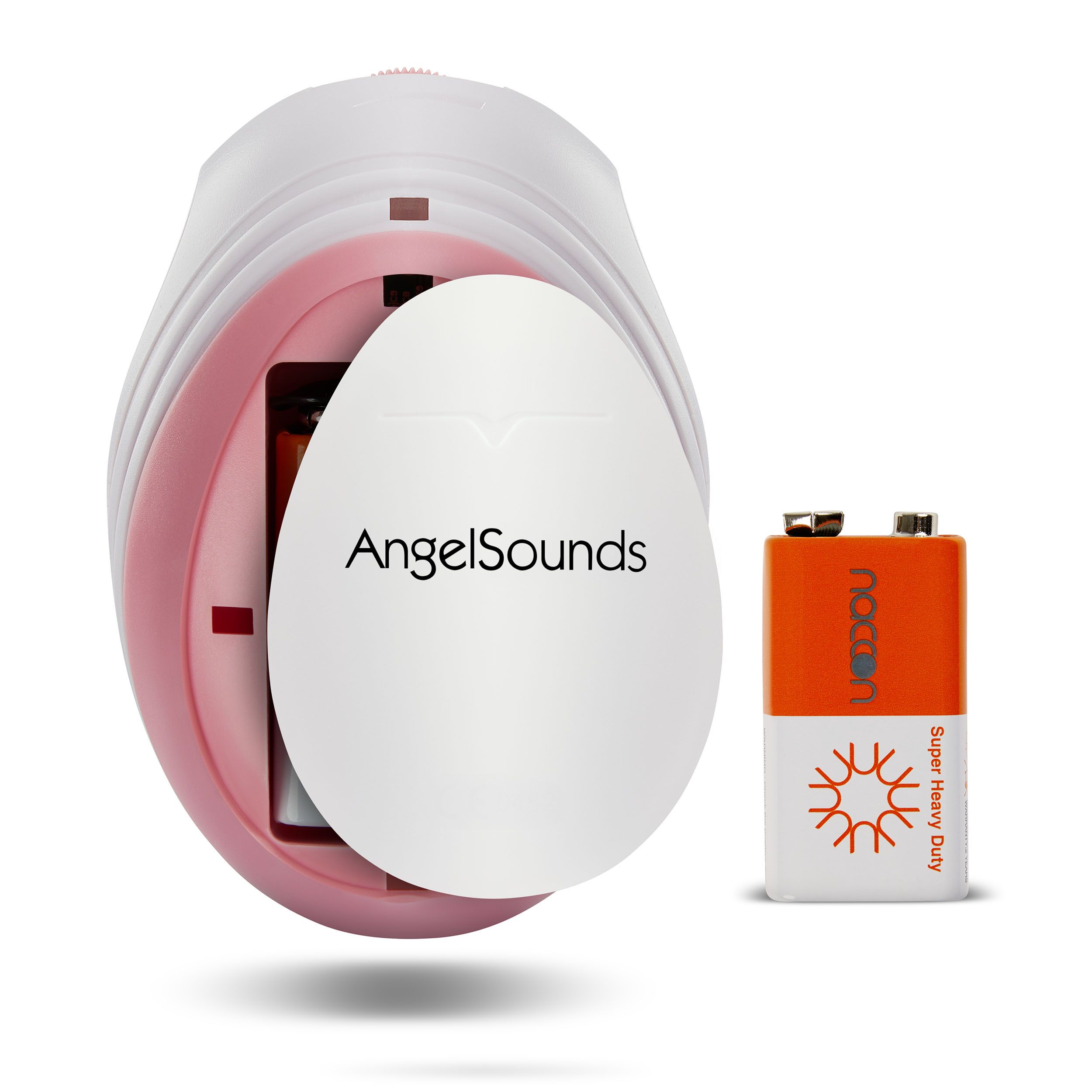 Gerät mit geöffnetem Batteriefach und 9V-Batterie daneben.