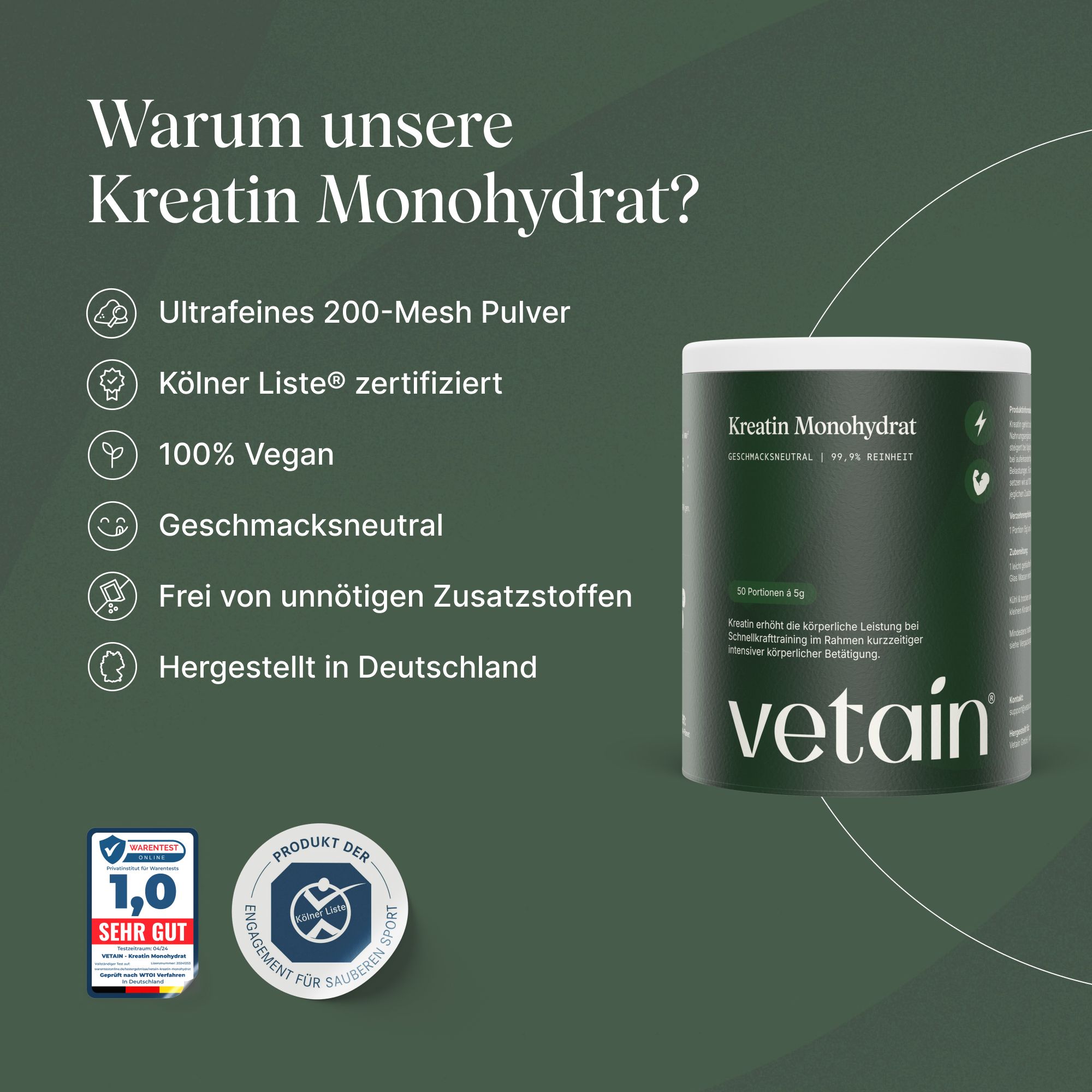 Text: Warum unsere Kreatin Monohydrat? Ultrafeines 200-Mesh Pulver, Köln Liste zertifiziert, 100% Vegan, geschmacksneutral, hergestellt in Deutschland.