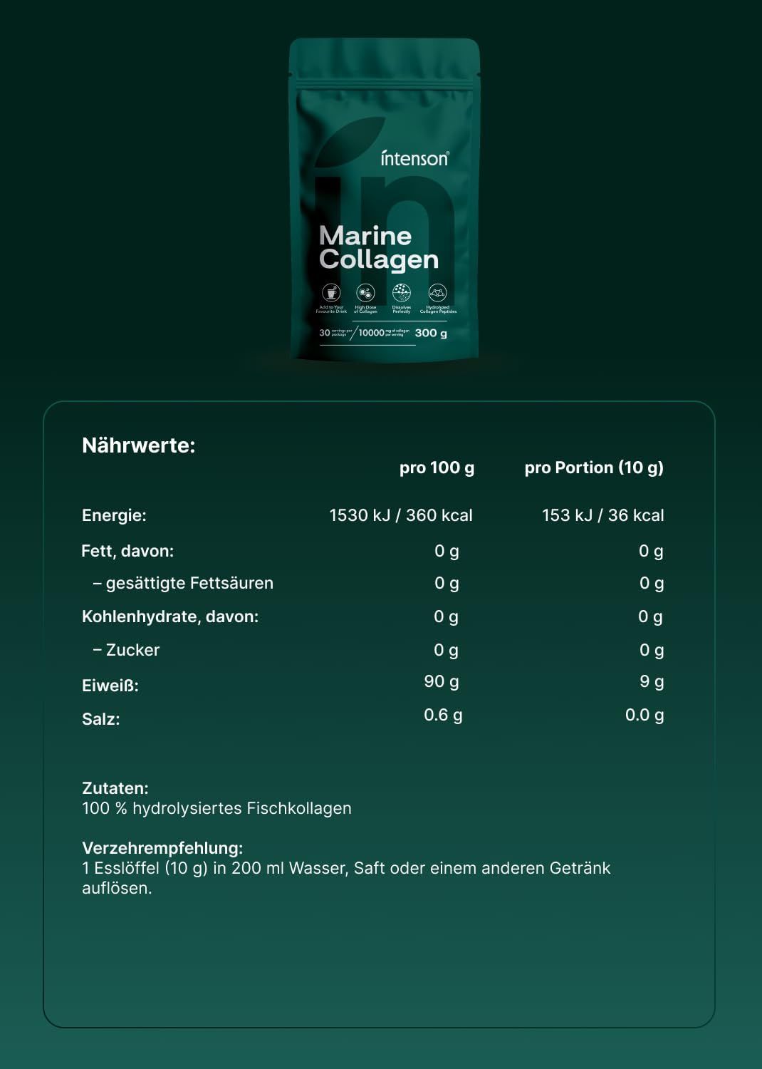 Anwendung: 1 Löffel (10g) Kollagenpulver in 200 ml Wasser, Saft oder Kaffee auflösen.