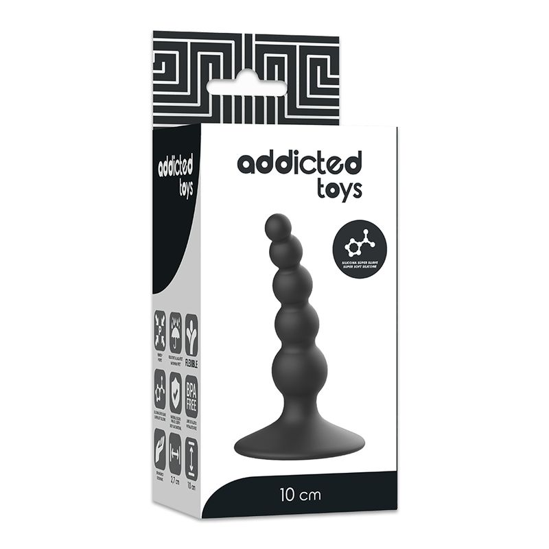 Verpackung mit schwarzem Analplug. Auf der Verpackung steht "Addicted Toys" und "10 cm".