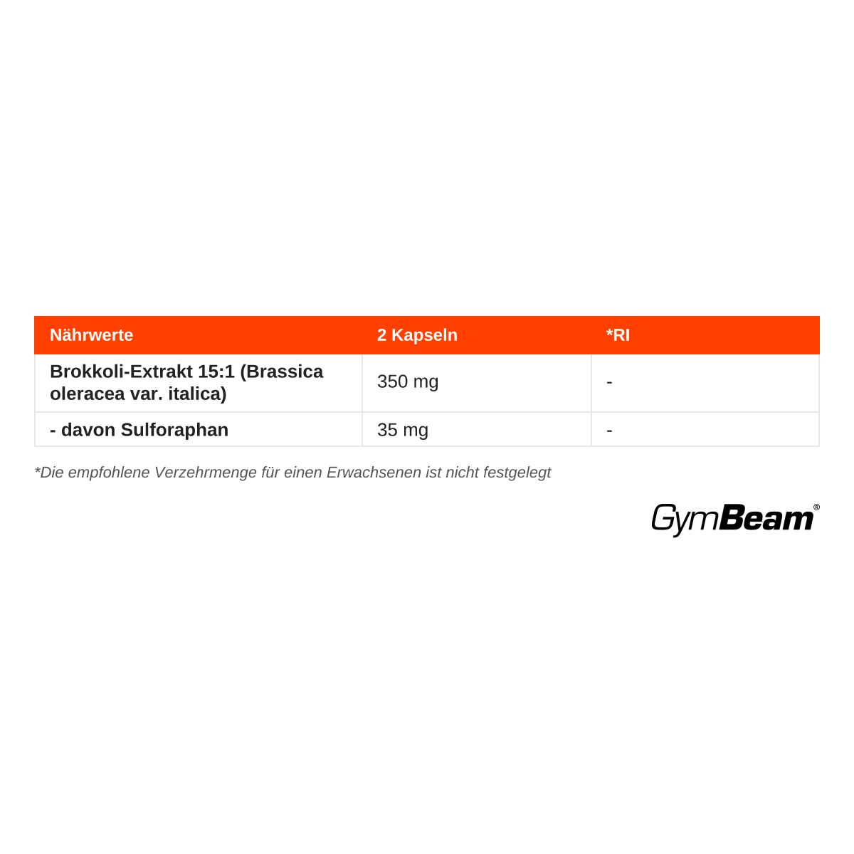 Nährwertangaben für GymBeam Sulforaphan: Brokkoli-Extrakt 15:1 (350 mg), davon Sulforaphan (35 mg).