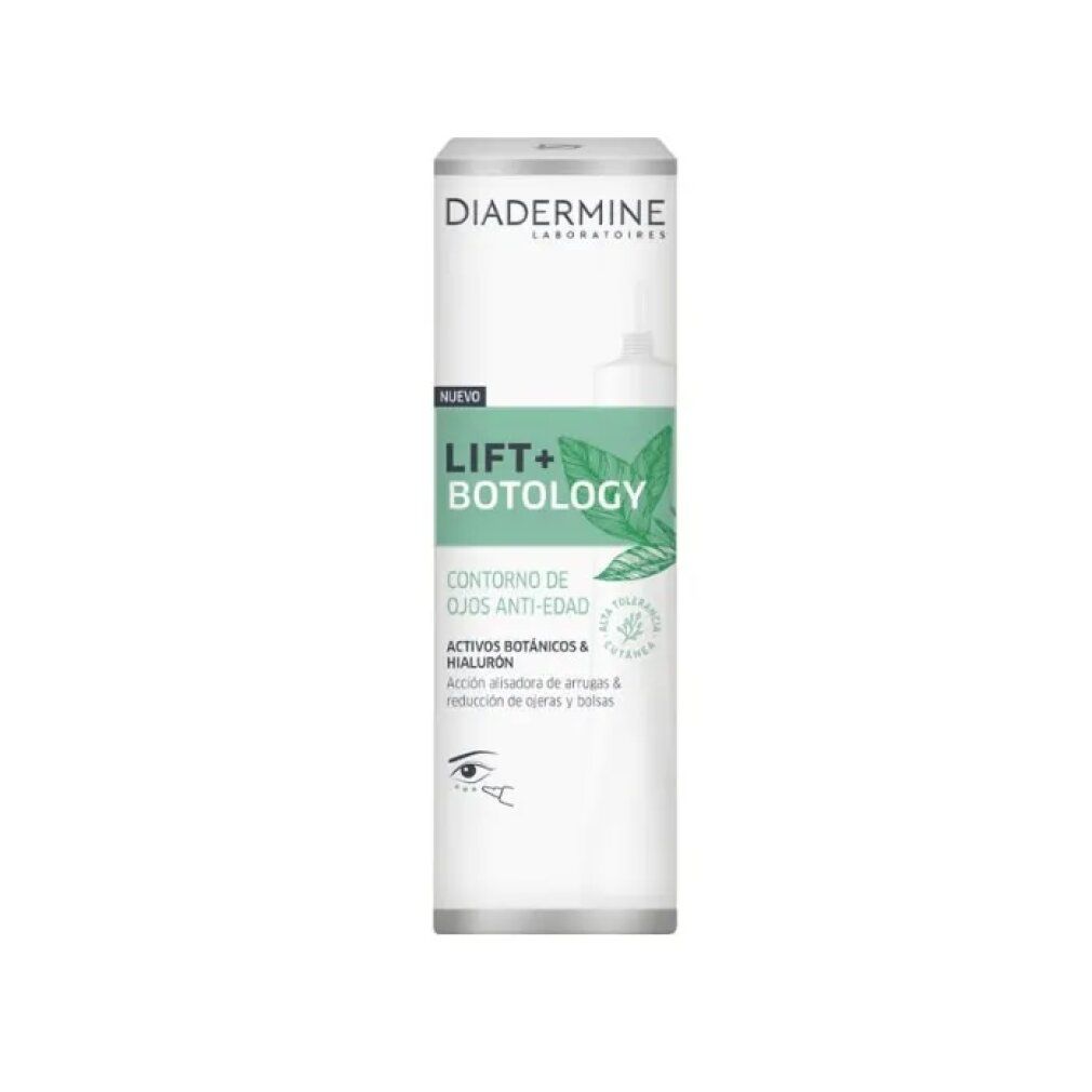 Diadermine Lift + Botology Eye Contour. Tube mit weißem Hintergrund. Text: Nuevo, Lift + Botology, Contorno de ojos anti-edad, Activos botánicos & hialuron.