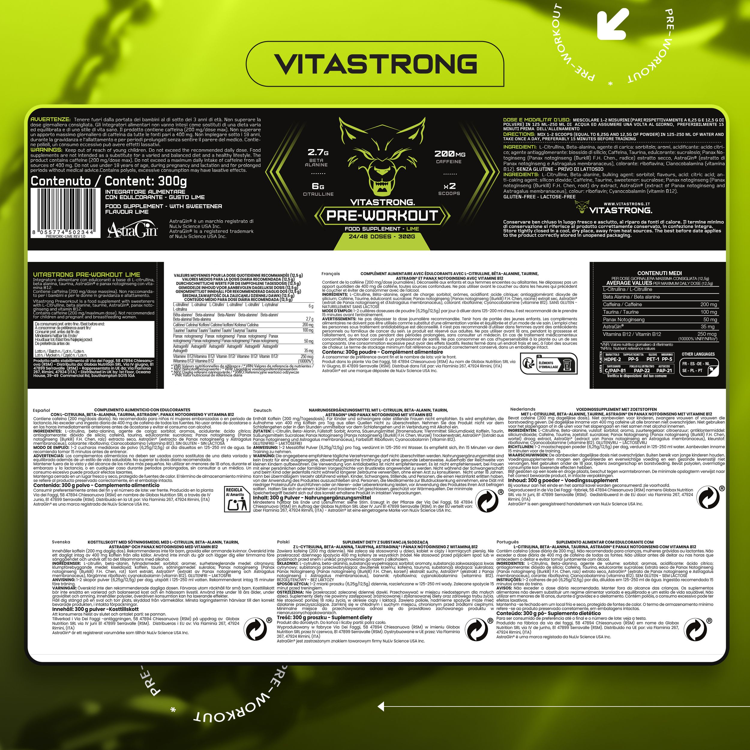 Rückseite der Vitastrong Pre-Workout-Verpackung. Text und Nährwertangaben. Enthält 300g. Limetten-Geschmack.