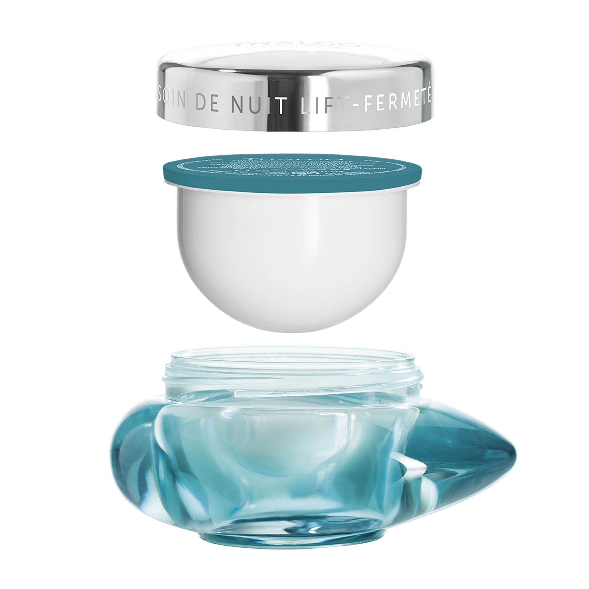 Drei Teile: Deckel, Cremebehälter und blauer Glasbehälter. Aufschrift: THALGO, Nachtcreme mit Lifting-Effekt.