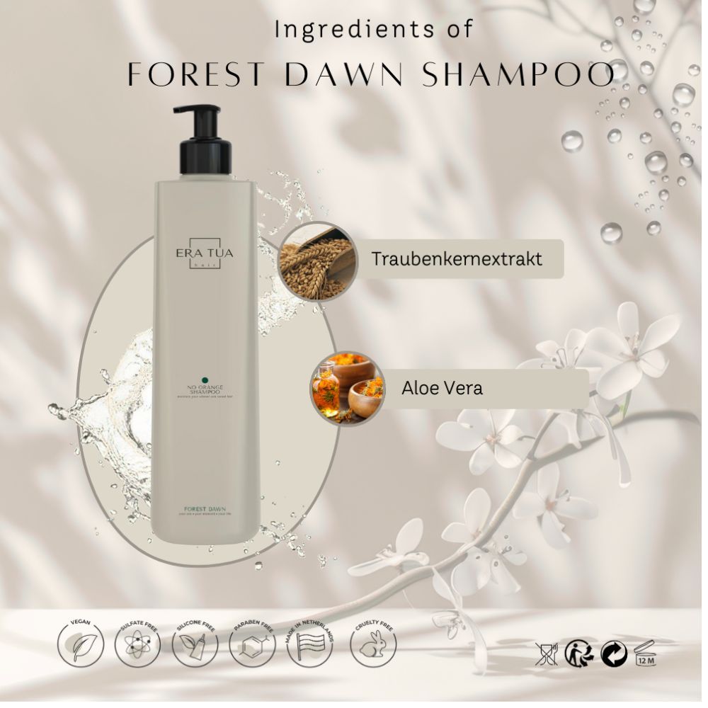 Beige Shampoo-Flasche mit schwarzem Spender. Text: Era Tua, Forest Dawn. Inhaltsstoffe: Traubenkernextrakt, Aloe Vera. Zertifizierungen.