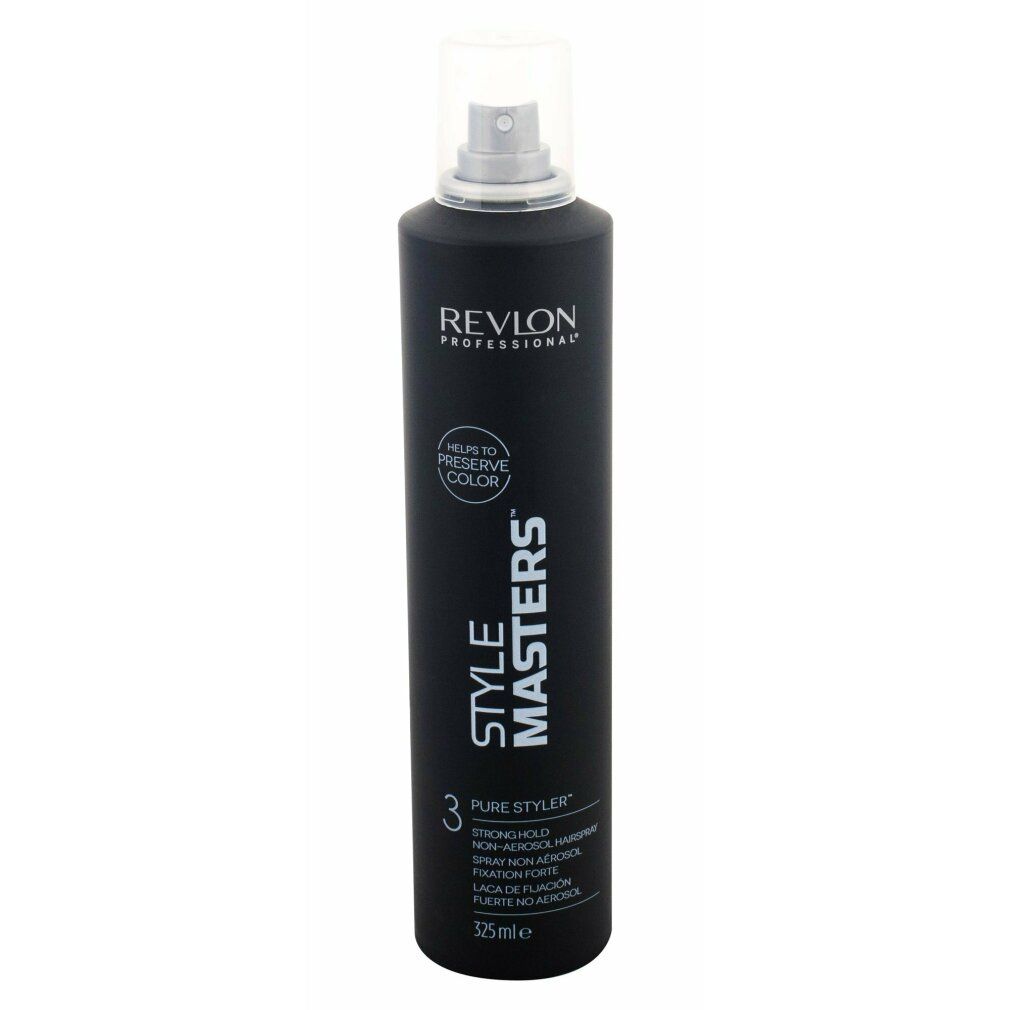 Schwarze Sprühflasche mit weißem Sprühkopf. Aufschrift: Revlon Professional, Style Masters, Pure Styler, Strong Hold. Enthält 325 ml.