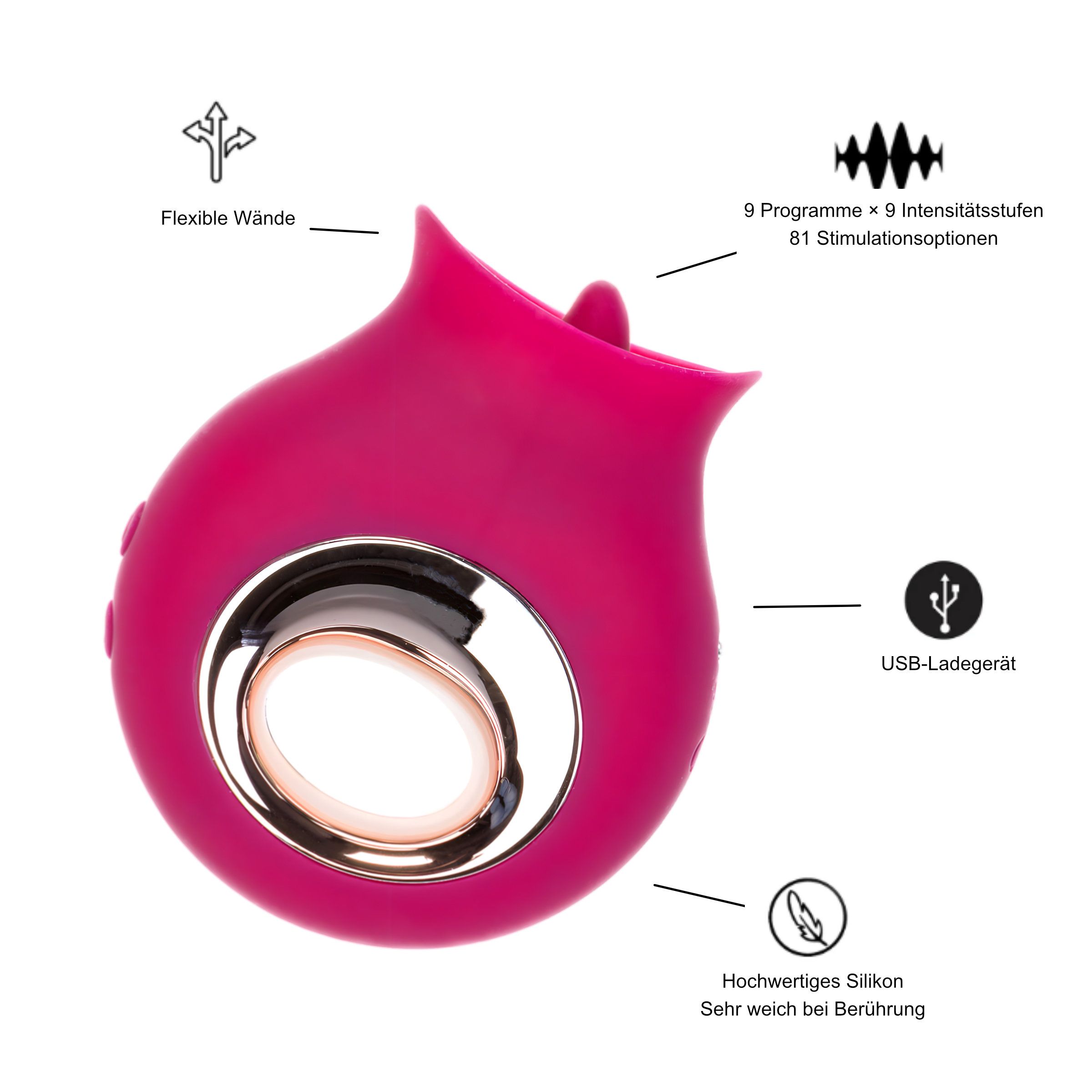 Pinker Zungenvibrator mit 81 Modi, USB-Ladefunktion, aus Silikon.