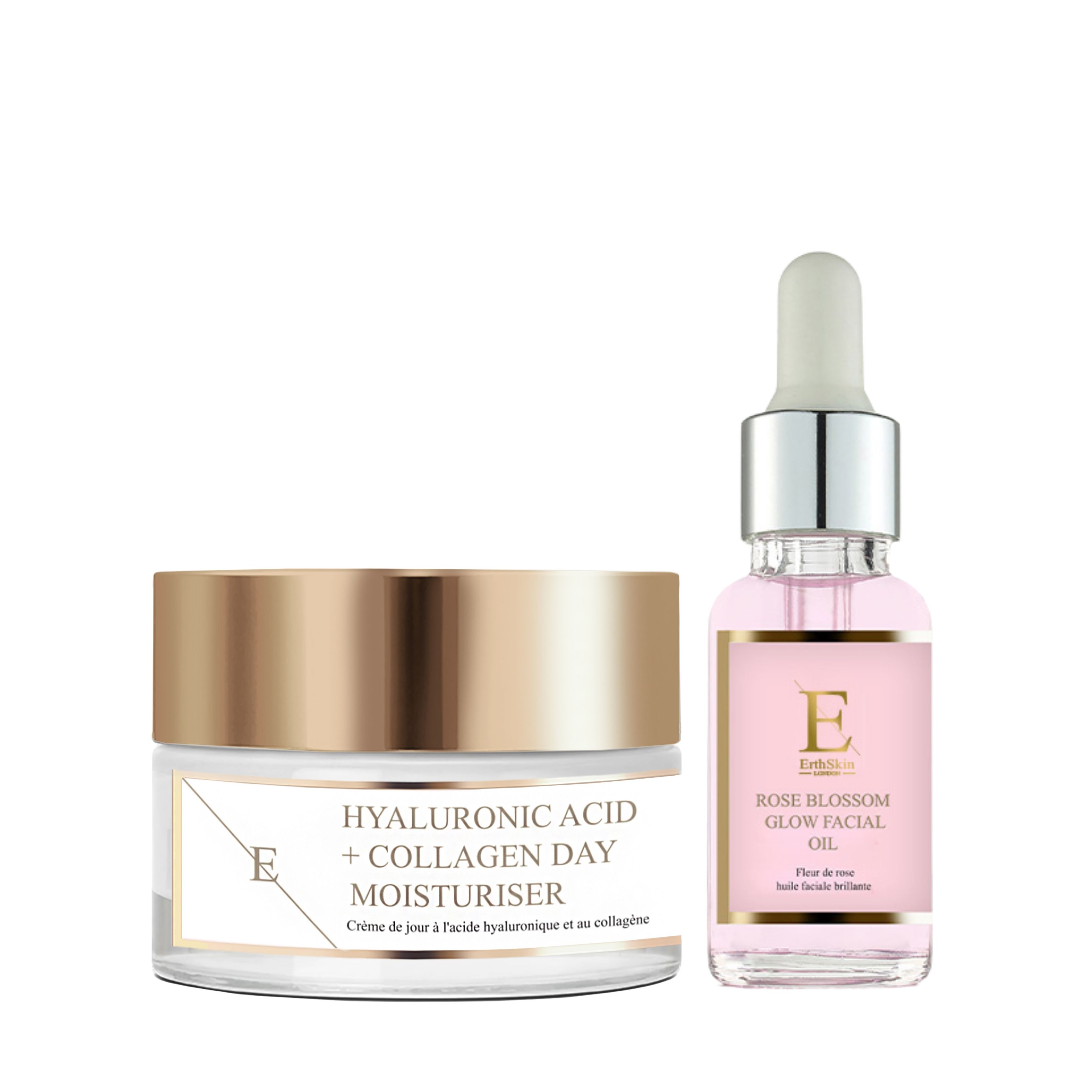 Gesichtsöl und Tagescreme. Creme mit goldfarbenem Deckel, Etikett mit Text. Ölflasche mit Pipette, rosa Flüssigkeit, Etikett mit Text.