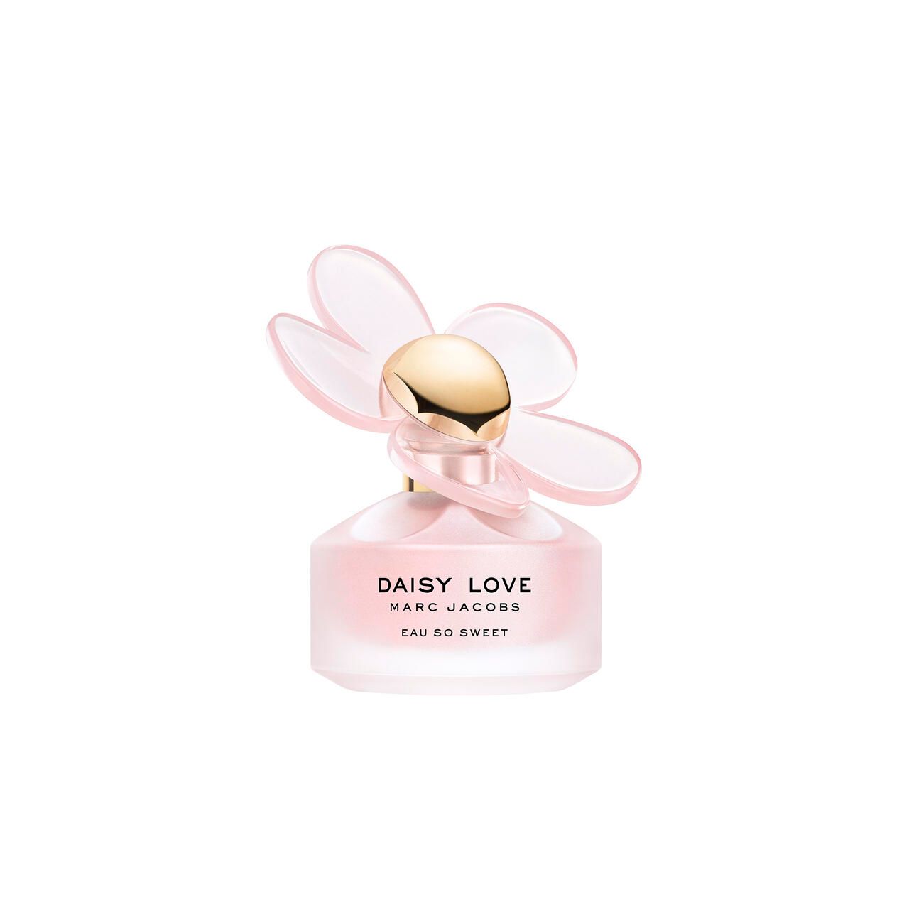 Rosa Flakon mit goldfarbenem Verschluss und blütenförmigem Deckel. Schriftzug: Daisy Love, Marc Jacobs, Eau So Sweet.