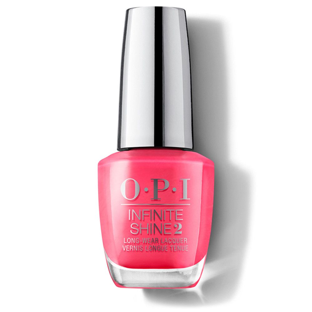 Nagellackflasche mit rosa Inhalt. Silberfarbener Deckel. Aufschrift O.P.I. Infinite Shine 2.