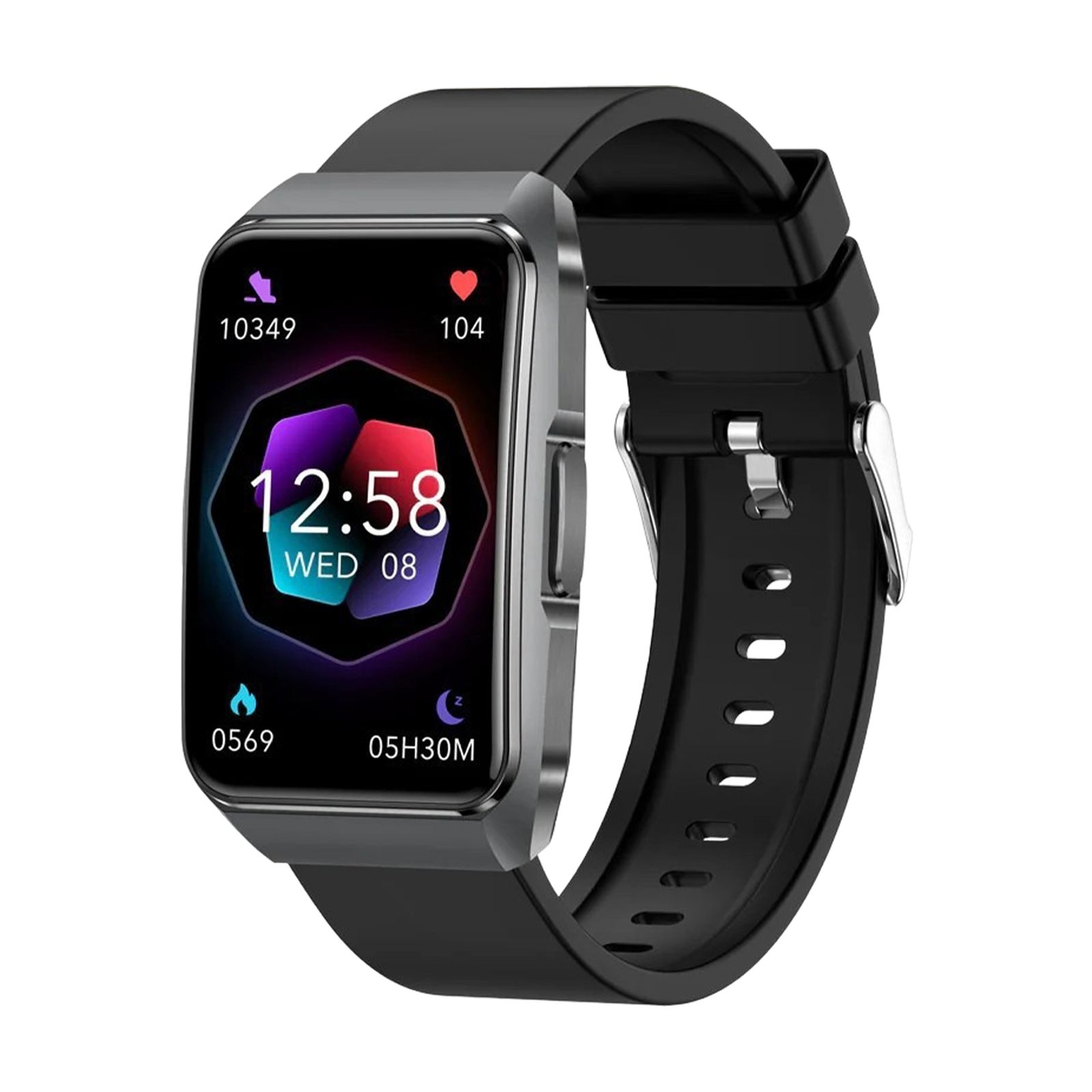 Moderne Smartwatch mit rechteckigem Display und schwarzem Armband. Zeigt Uhrzeit, Datum und Gesundheitsdaten an.