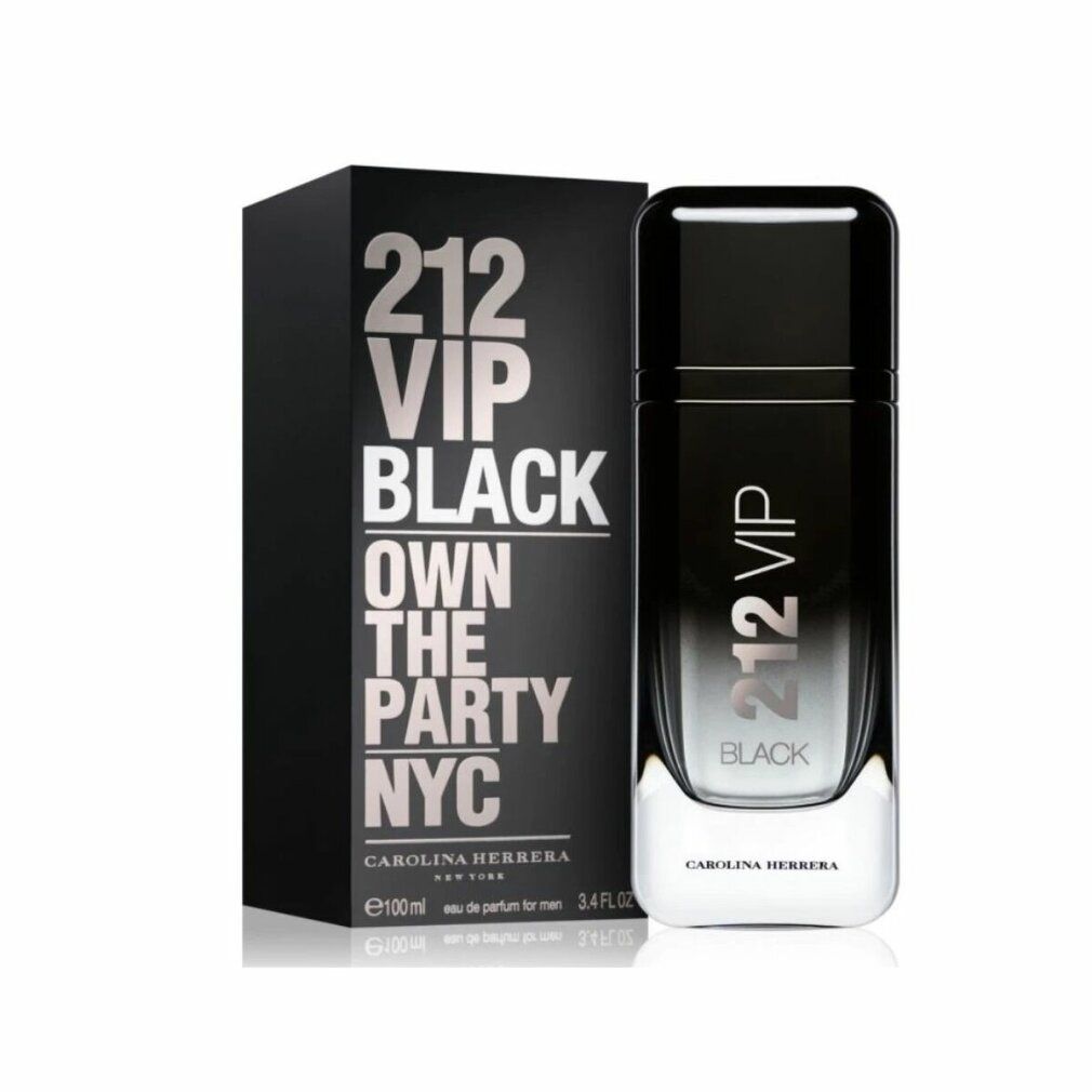 Schwarzer Flakon und Verpackung. Aufschrift 212 VIP Black, Own The Party NYC. Carolina Herrera Logo. 100ml.