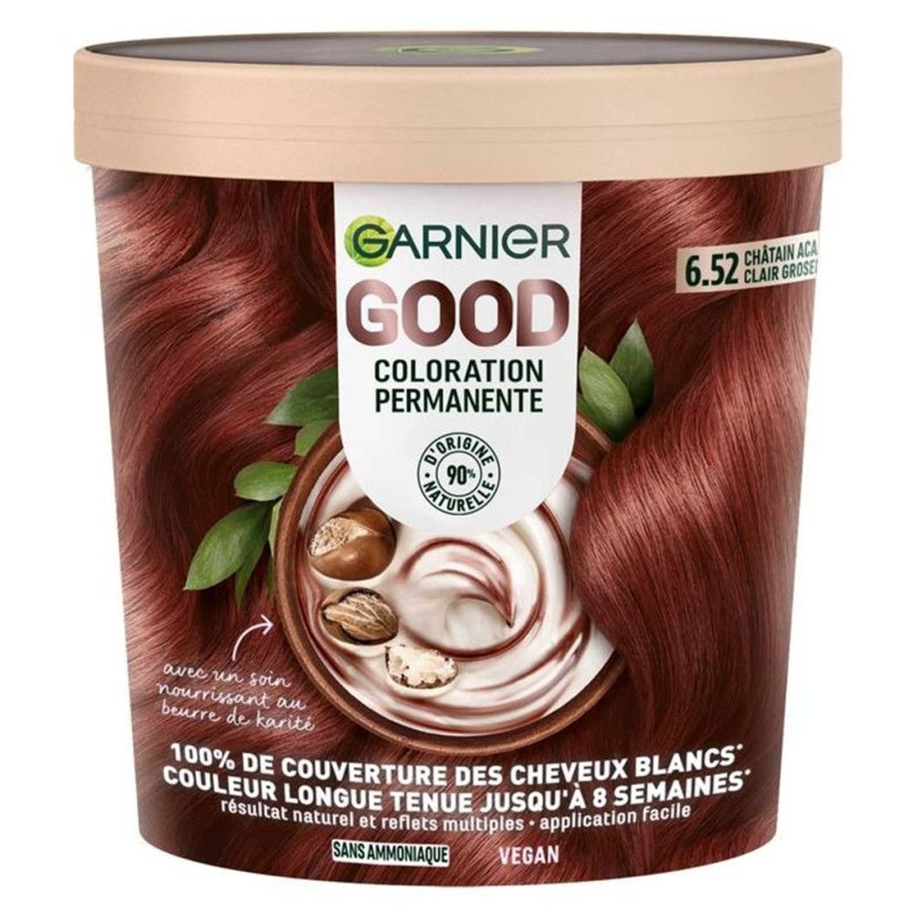 Produktverpackung. Garnier GOOD Coloration Permanente. Text: 100% Deckung grauer Haare. Langanhaltende Farbe bis zu 8 Wochen. Vegan.