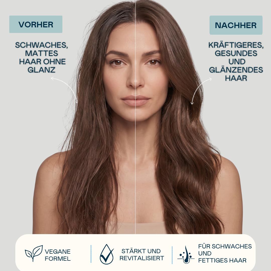 Vorher-Nachher-Vergleich von Haaren, die mit einer veganen Formel behandelt wurden.