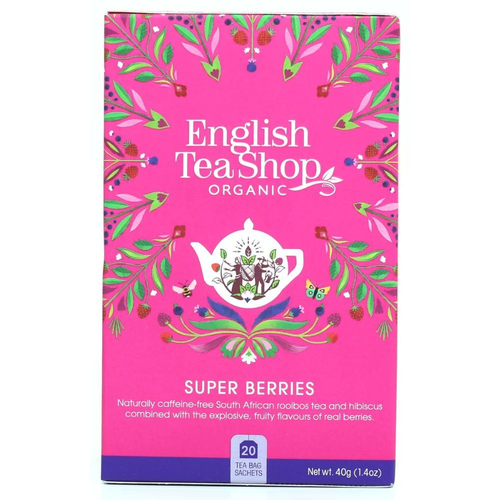 Rosa Schachtel mit English Tea Shop Organic, Super Beeren. 20 Teebeutel, Netto 40g. Aufschrift: Natürlich koffeinfreier Rooibos-Tee.