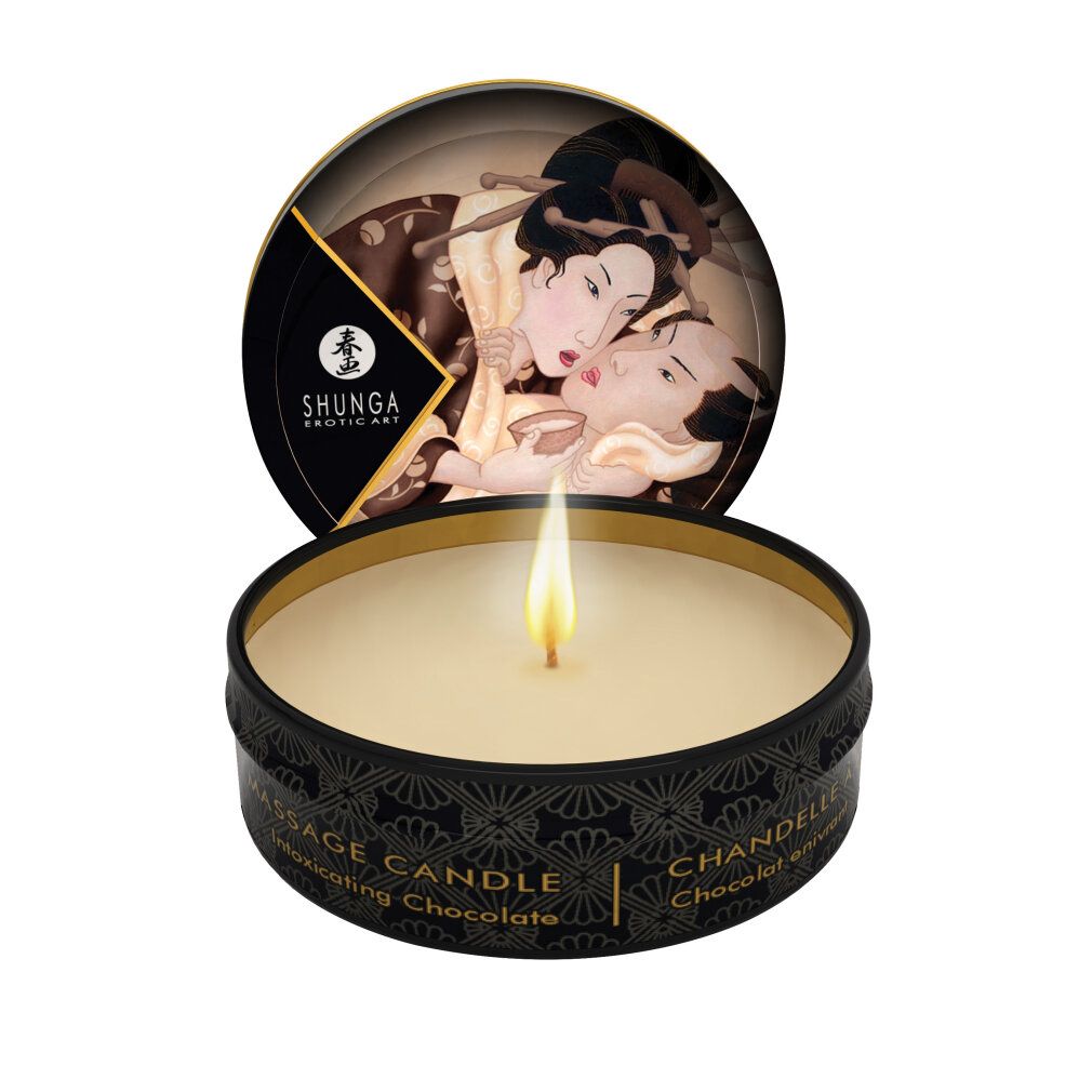 Shunga Massage Candle, Duft: Intoxicating Chocolate. Mit Flamme. Deckel mit erotischer Kunst.