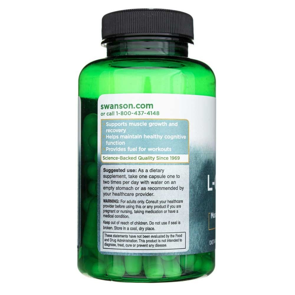 Rückseite einer grünen Flasche Swanson L-Glutamin 500 mg. Zeigt Anwendungsratschläge und Qualitätsversprechen.