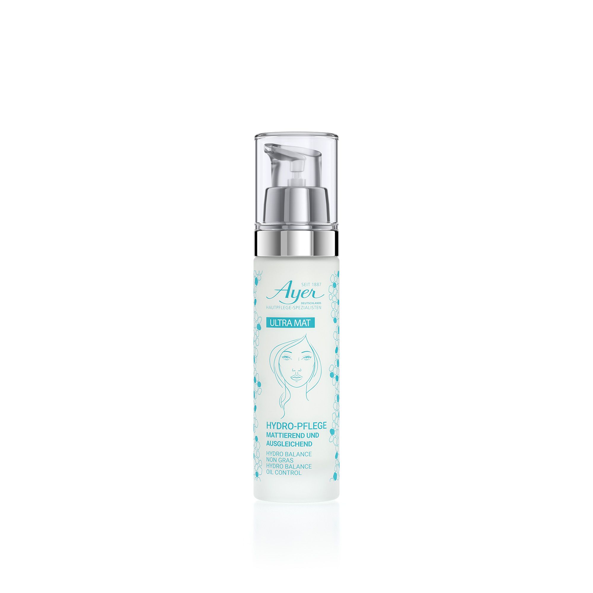 Ayer Ultra Mat Hydro Balance. Flasche mit Spender. Aufschrift: Hydro-Pflege, mattierend und ausgleichend.