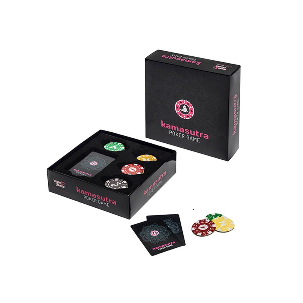 Geöffnete schwarze Box mit Spielkarten und Pokerchips. "Kamasutra Poker Game"-Logo sichtbar.