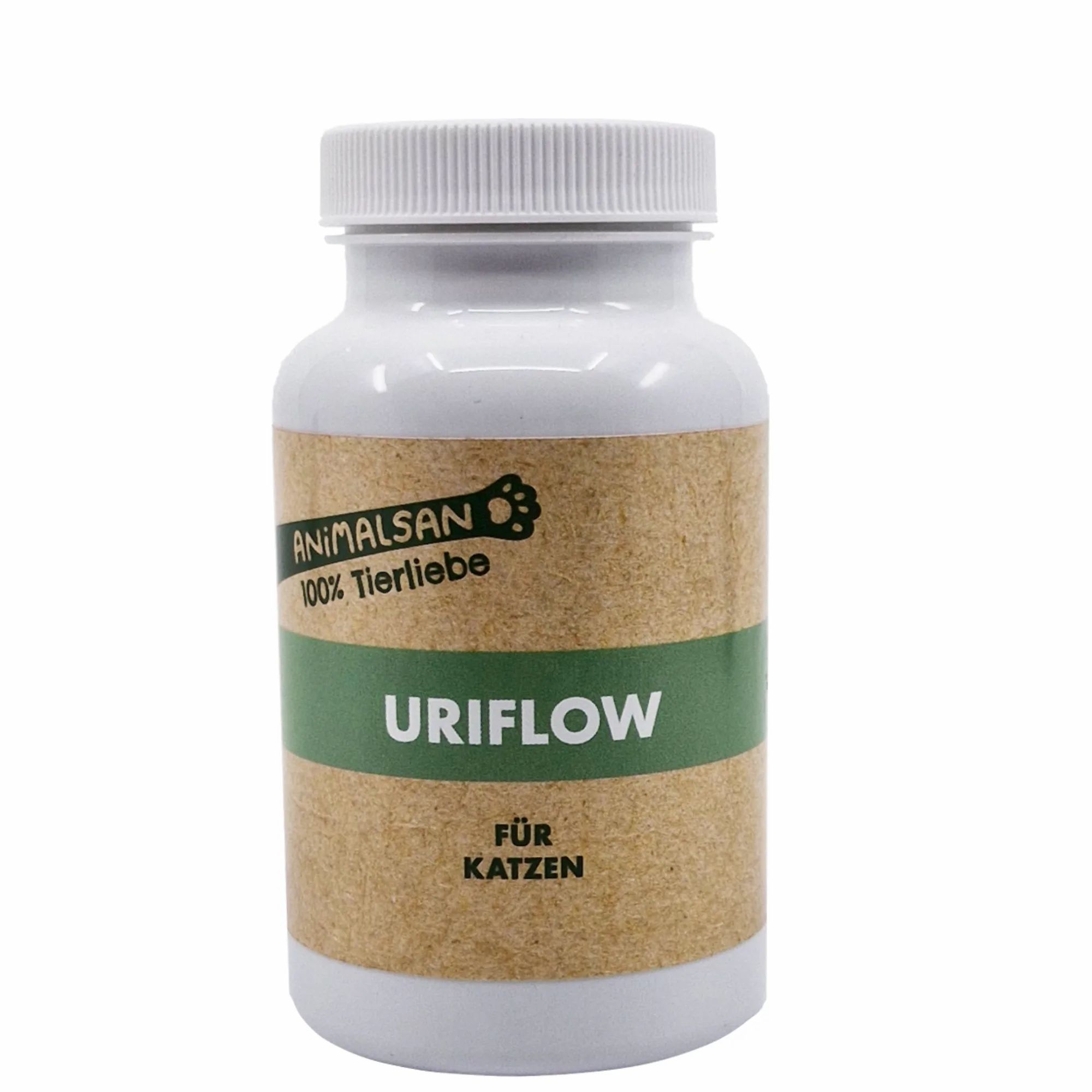 ANIMALSAN Uriflow für Katzen: Weiße Dose mit braunem Etikett und grünen Akzenten. Produkt für Katzen.