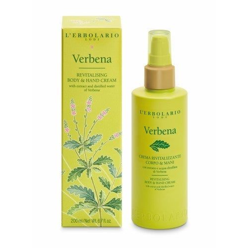 Grüne Flasche und Schachtel mit Produktnamen "Verbena". Text: "REVITALISING BODY & HAND CREAM".