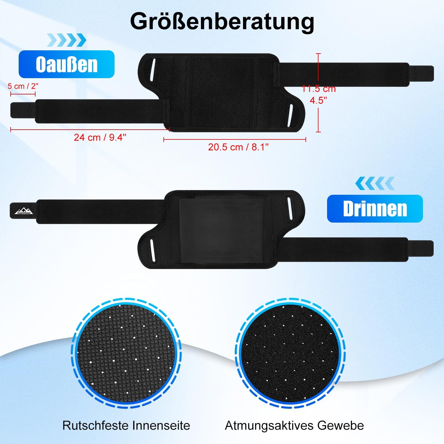 Schwarze Ellenbogenbandage mit Klettverschluss und zwei abnehmbaren Federschienen.