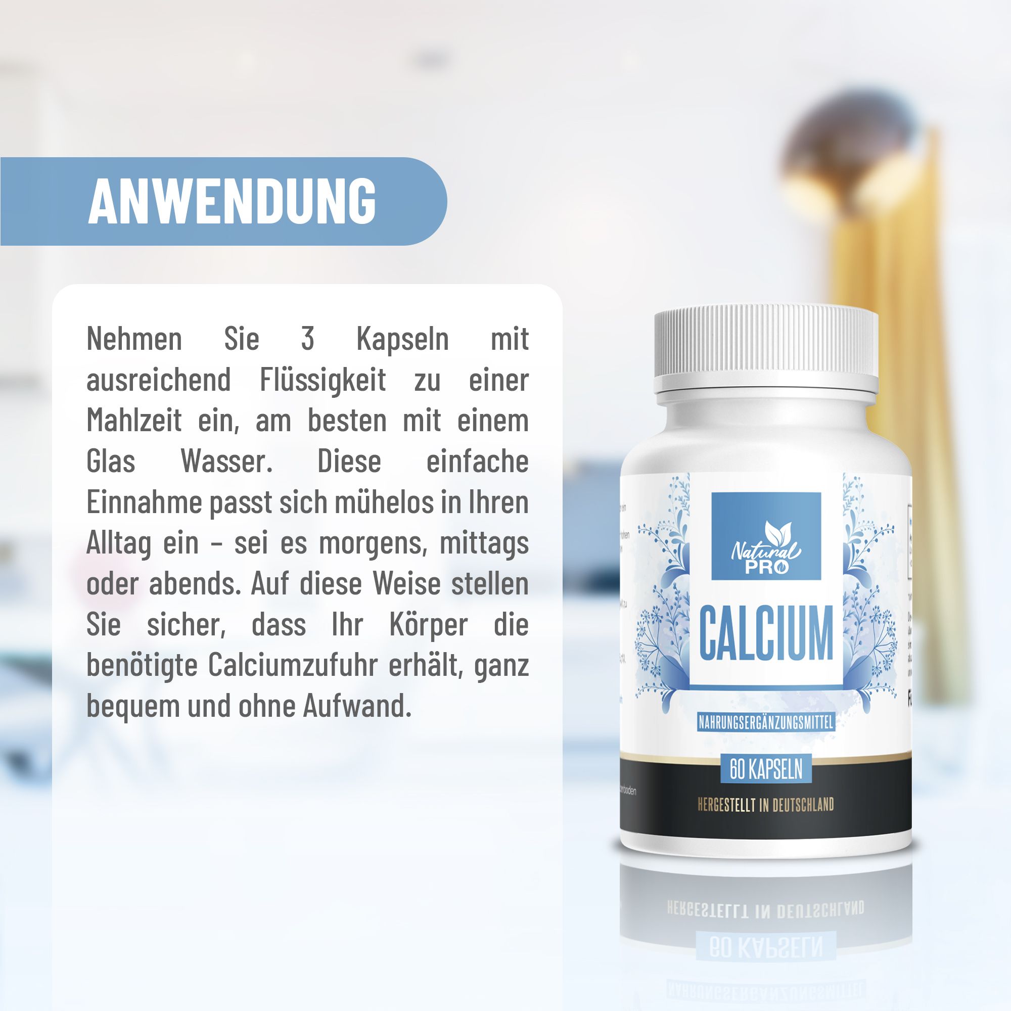 Weiße Pillenflasche mit Natural Pro Calcium-Etikett. Text: 60 Kapseln. Anwendungshinweise daneben.