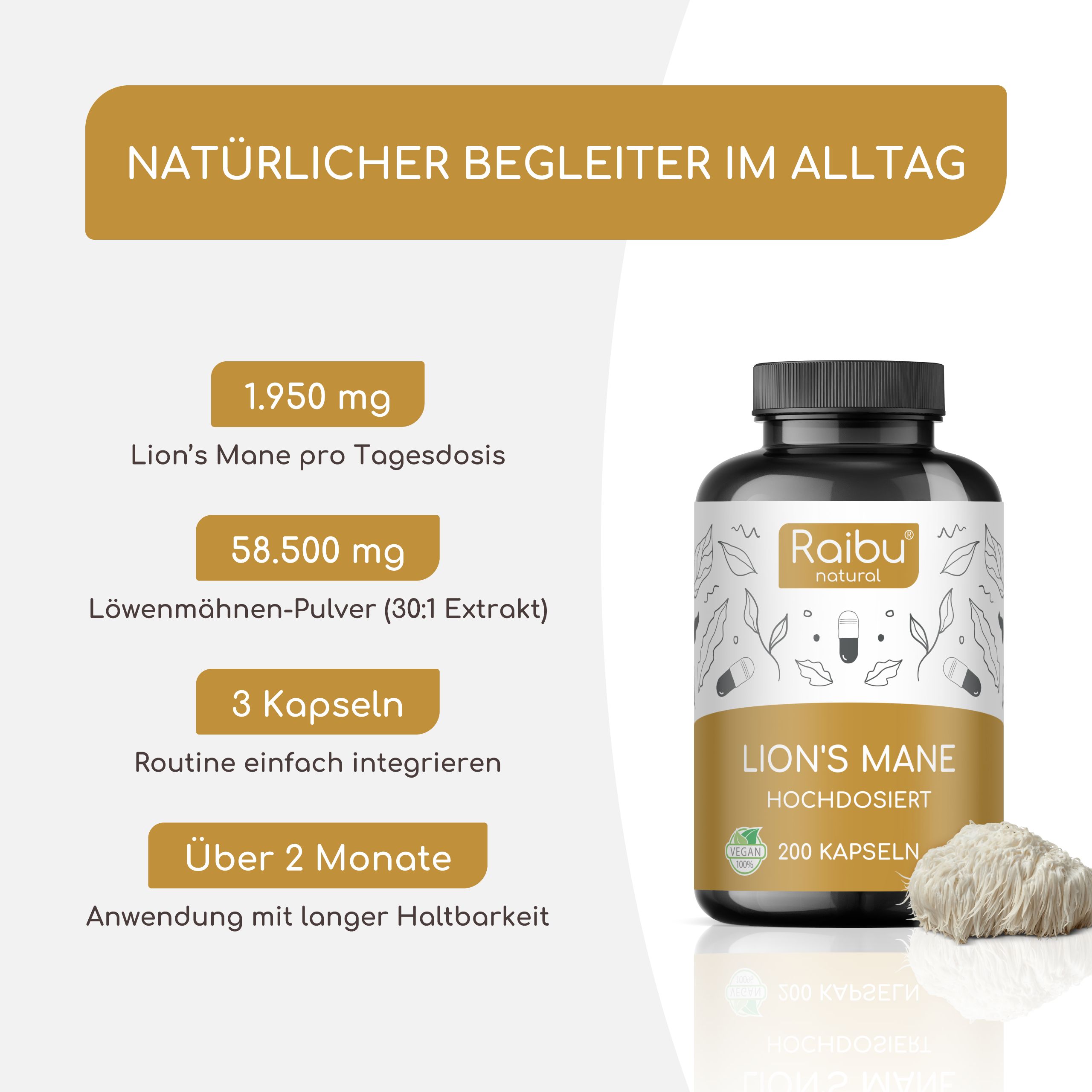 Flasche und Text: Natürlicher Begleiter im Alltag. 1.950 mg Lion's Mane pro Tagesdosis. 58.500 mg Löwenmähne.