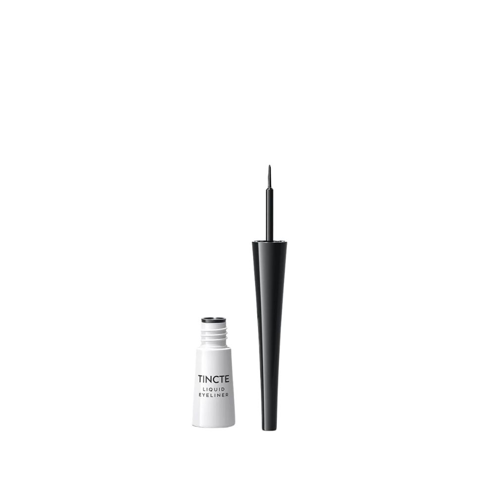Schwarzer Flüssig-Eyeliner mit Applikator. Weiße Flasche mit schwarzem Deckel. Produktname: Tincte Liquid Eyeliner.