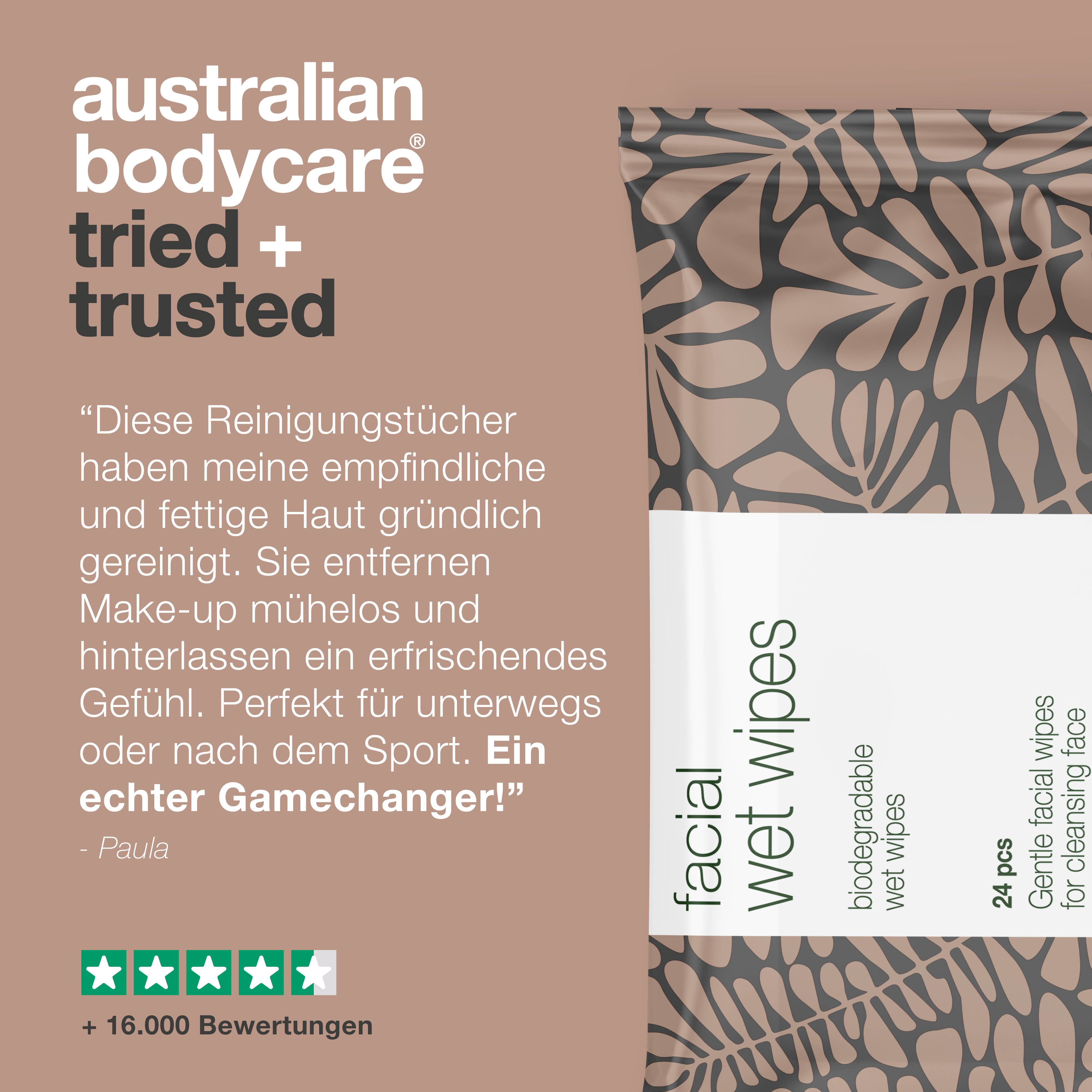 Text: Australian Bodycare tried + trusted. Packung Abschminktücher. Text: facial wet wipes.
