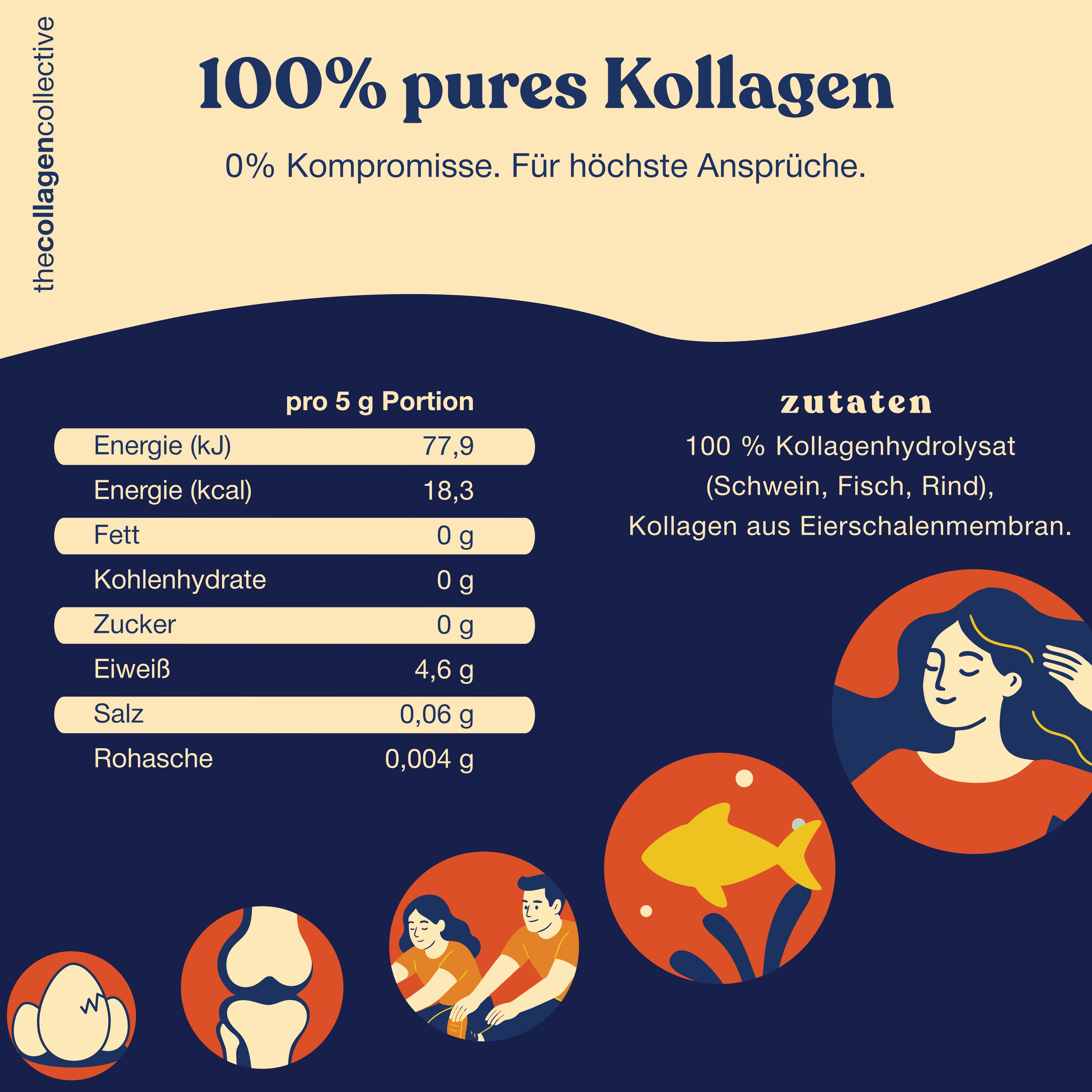 Infografik mit Nährwertangaben pro 5g Portion. Text: 100% reines Kollagen. Zutaten: 100% Kollagenhydrolysat.