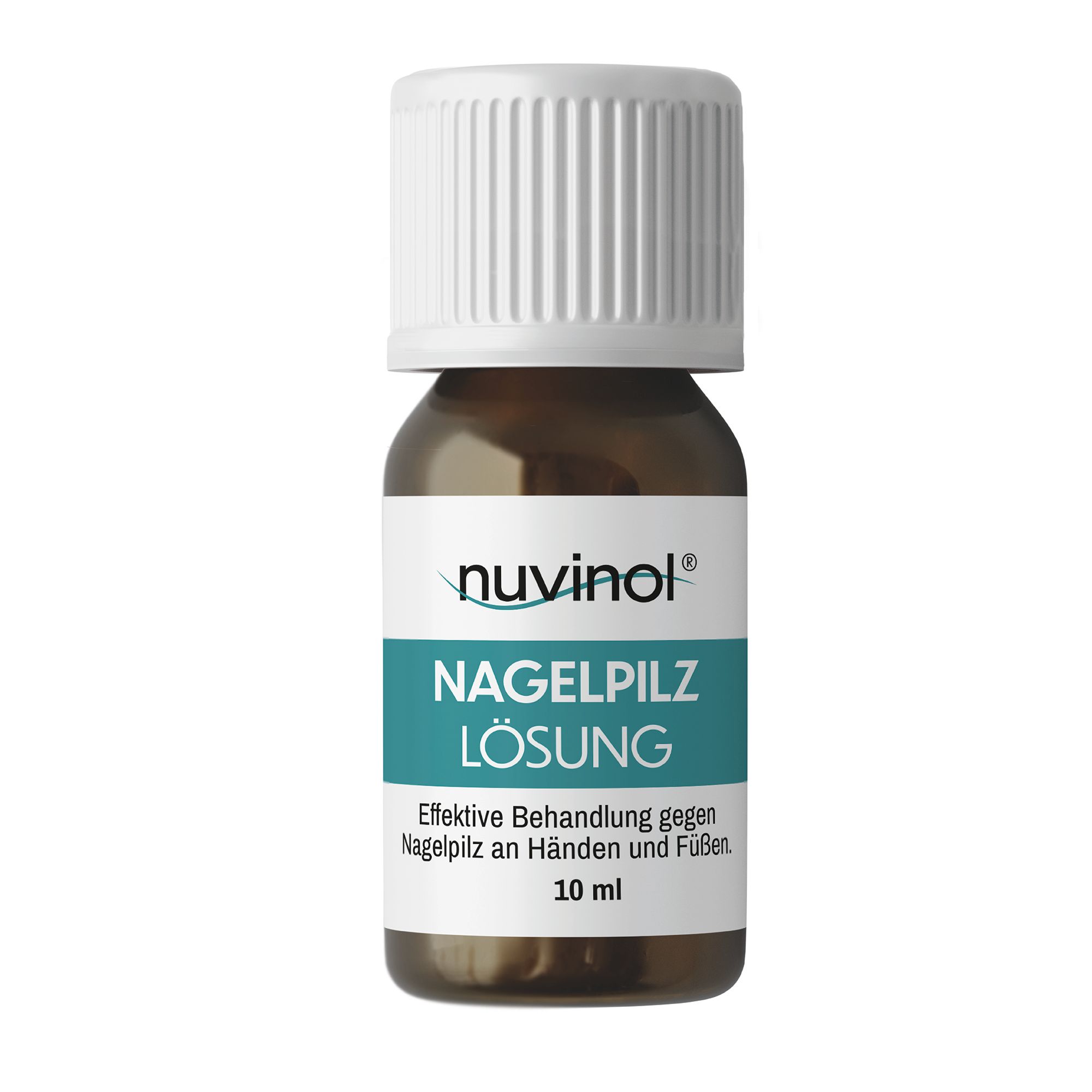 Braune Flasche von Nuvinol Nagelpilz Lösung. Text: Effektive Behandlung gegen Nagelpilz an Händen und Füßen. 10 ml.
